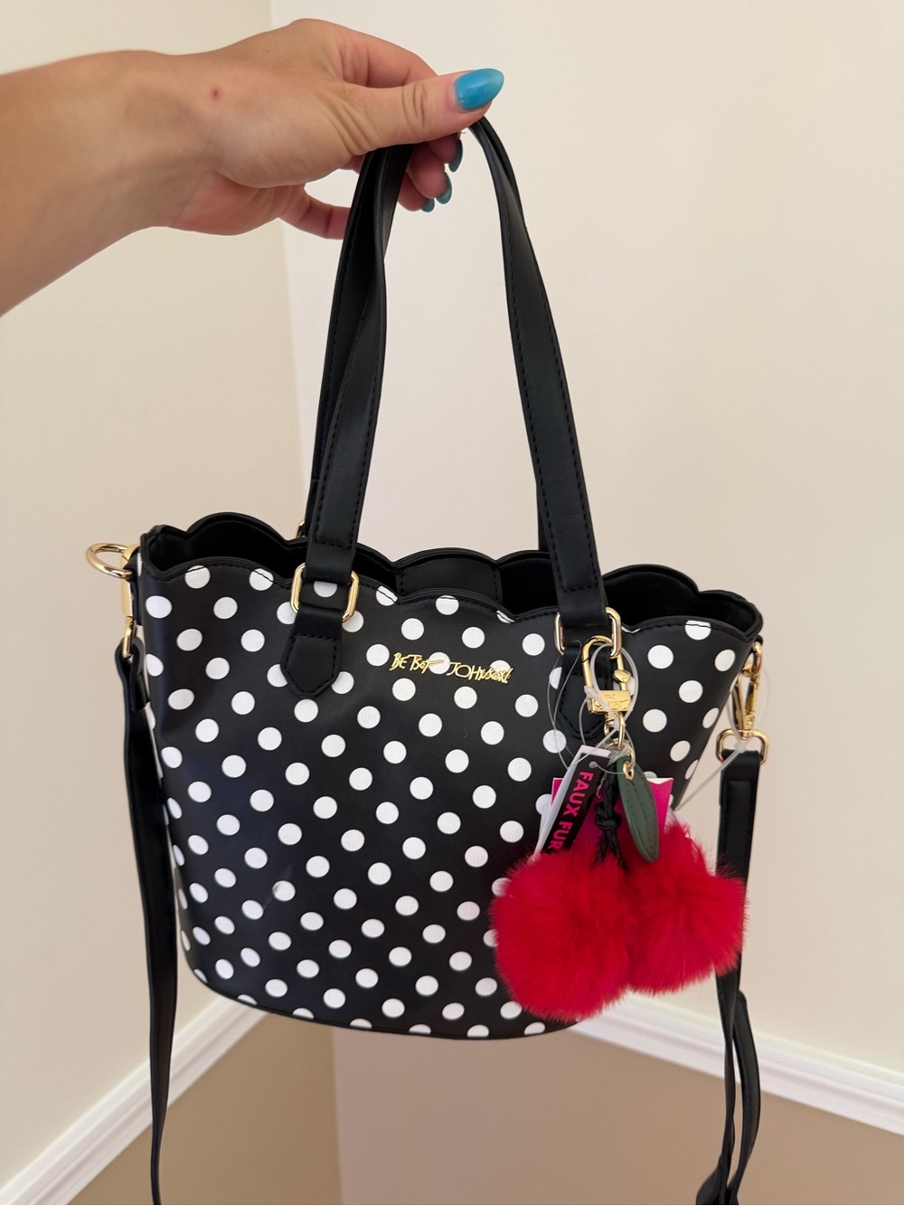 Polka Dot Black Crossbody Tote with Red Pom Charm Betsy Johnson - Picture 3 of 7